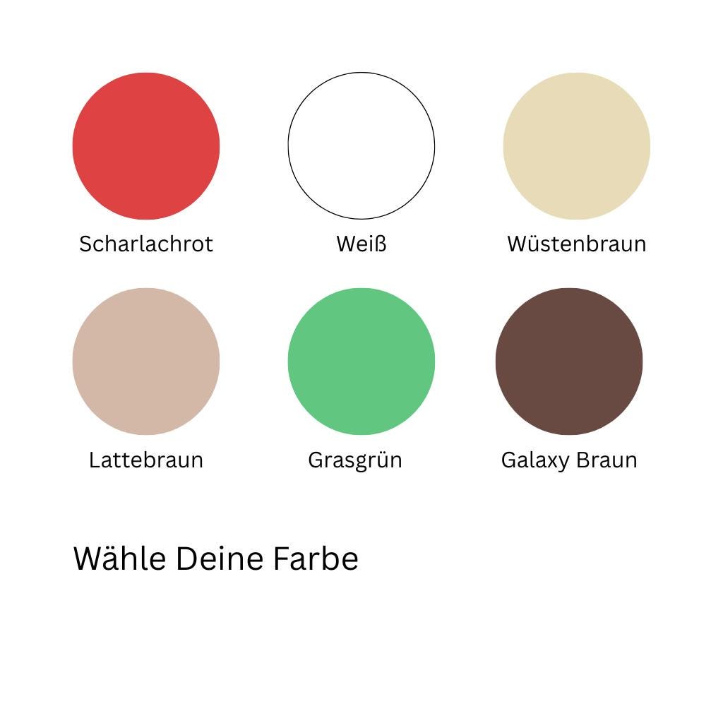 Sechs Farbkreise mit Namen für nachhaltige Vase Inline aus PLA: Scharlachrot, Weiß, Wüstenbraun, Lattebraun, Grasgrün, Galaxy Braun; Text 'Wähle Deine Farbe'