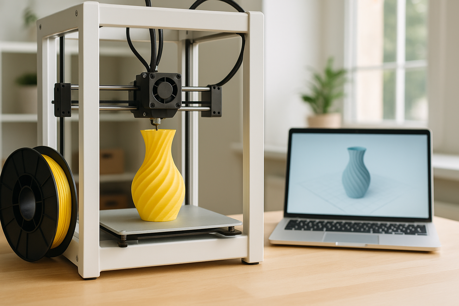 Das Bild zeigt einen 3D Drucker und ein Laptop mit dem Bild einer Vase.