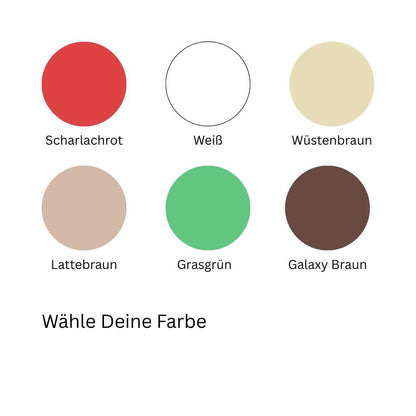Sechs Farbkreise mit Namen für nachhaltige Vase Inline aus PLA: Scharlachrot, Weiß, Wüstenbraun, Lattebraun, Grasgrün, Galaxy Braun; Text 'Wähle Deine Farbe'