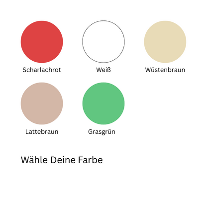 Sechs Farbkreise für nachhaltigen PLA 3D-Druck: Scharlachrot, Weiß, Wüstenbraun, Lattebraun, Grasgrün, Galaxy Braun mit Text 'Wähle Deine Farbe'