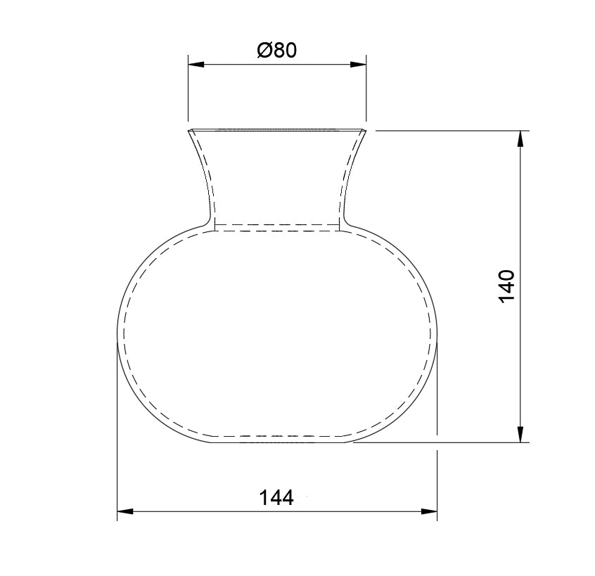 Maßskizze der nachhaltigen Vase Bubble aus PLA für 3D-Druck, Höhe 140 mm, Breite 144 mm, Öffnungsdurchmesser 80 mm