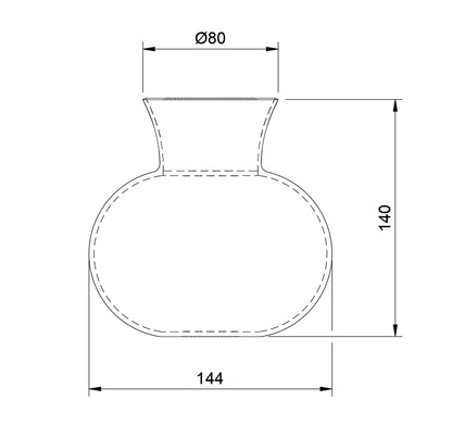 Maßskizze der nachhaltigen Vase Bubble aus PLA für 3D-Druck, Höhe 140 mm, Breite 144 mm, Öffnungsdurchmesser 80 mm