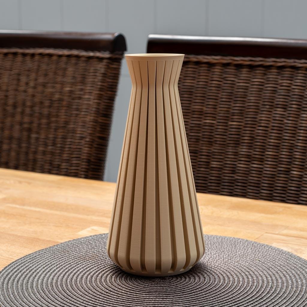 Vase Inline aus nachhaltigem PLA, 3D-gedruckt, mit vertikalen Linien, auf einem Tisch mit rundem Platzset